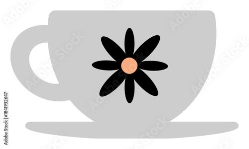 Grey teacup with black flower motif