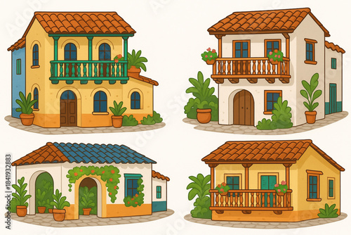 Colorful cartoon illustration of Colombian-style houses with terracotta roofs and tropical greenery