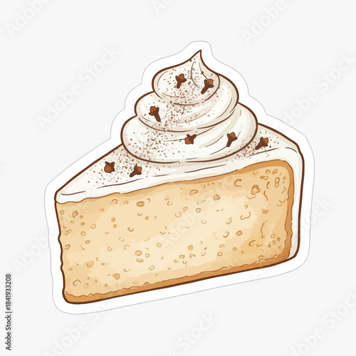 A cartoon illustration of a slice of cheesecake topped with whipped cream spice and cloves