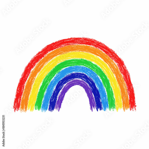A brightly colored crayondrawn arc resembling a rainbow against a white background