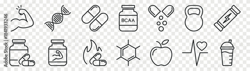 Sport supplements and fitness nutrition outline icon set
