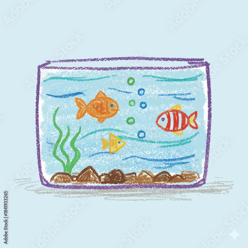 A childlike crayon drawing of three fish in a rectangular fishbowl with gravel and aquatic plants