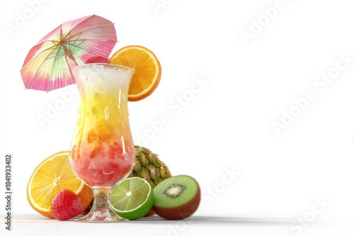 Colorful Tropical Cocktail with Umbrella Served with Fresh Fruits on White Background