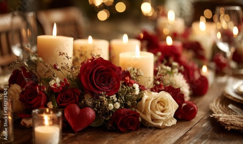 Romantic Candlelit Dinner Table with Red Roses and Flowers for Special Occasions