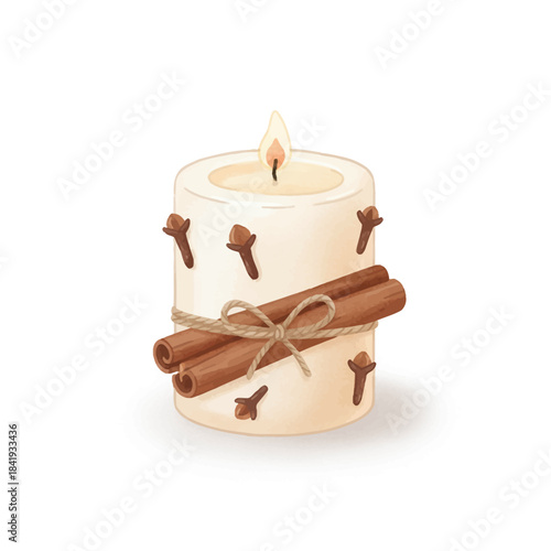 A lit white pillar candle decorated with cloves and cinnamon sticks tied with twine