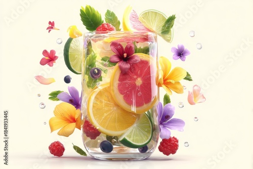 Refreshing Citrus and Berry Beverage with Vibrant Flowers and Fruits