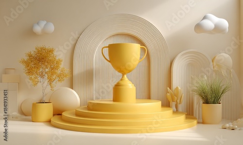 Minimalist Yellow Trophy Display in Modern Interior with Plants and Decor Elements