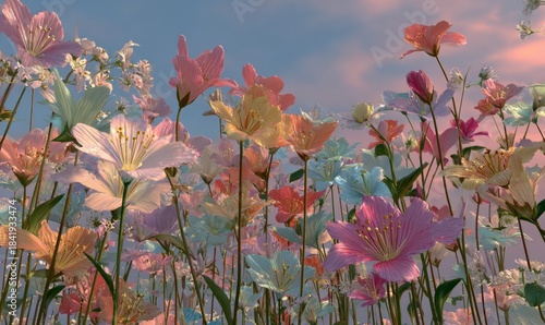 Colorful Floral Field at Sunrise with Pastel Blooms and Soft Lighting Effects