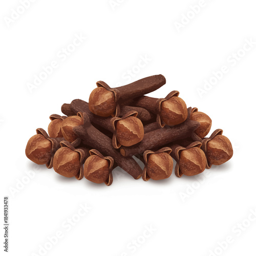 A pile of dark brown dried whole cloves against a white background
