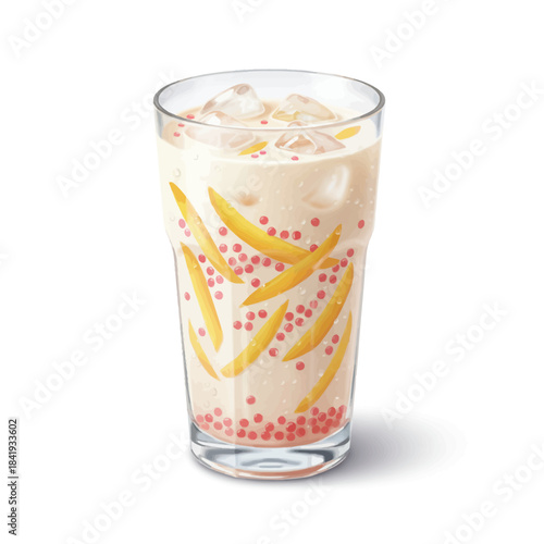 A tall glass of milky iced drink with yellow fruit slices and pink tapioca pearls