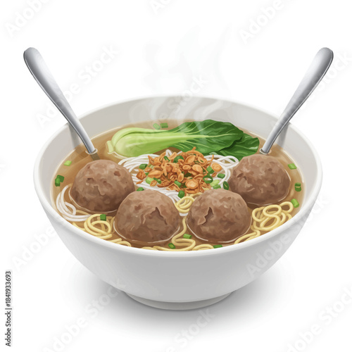 A white bowl of steaming Indonesian Bakso soup with four meatballs noodles greens and fried shallots