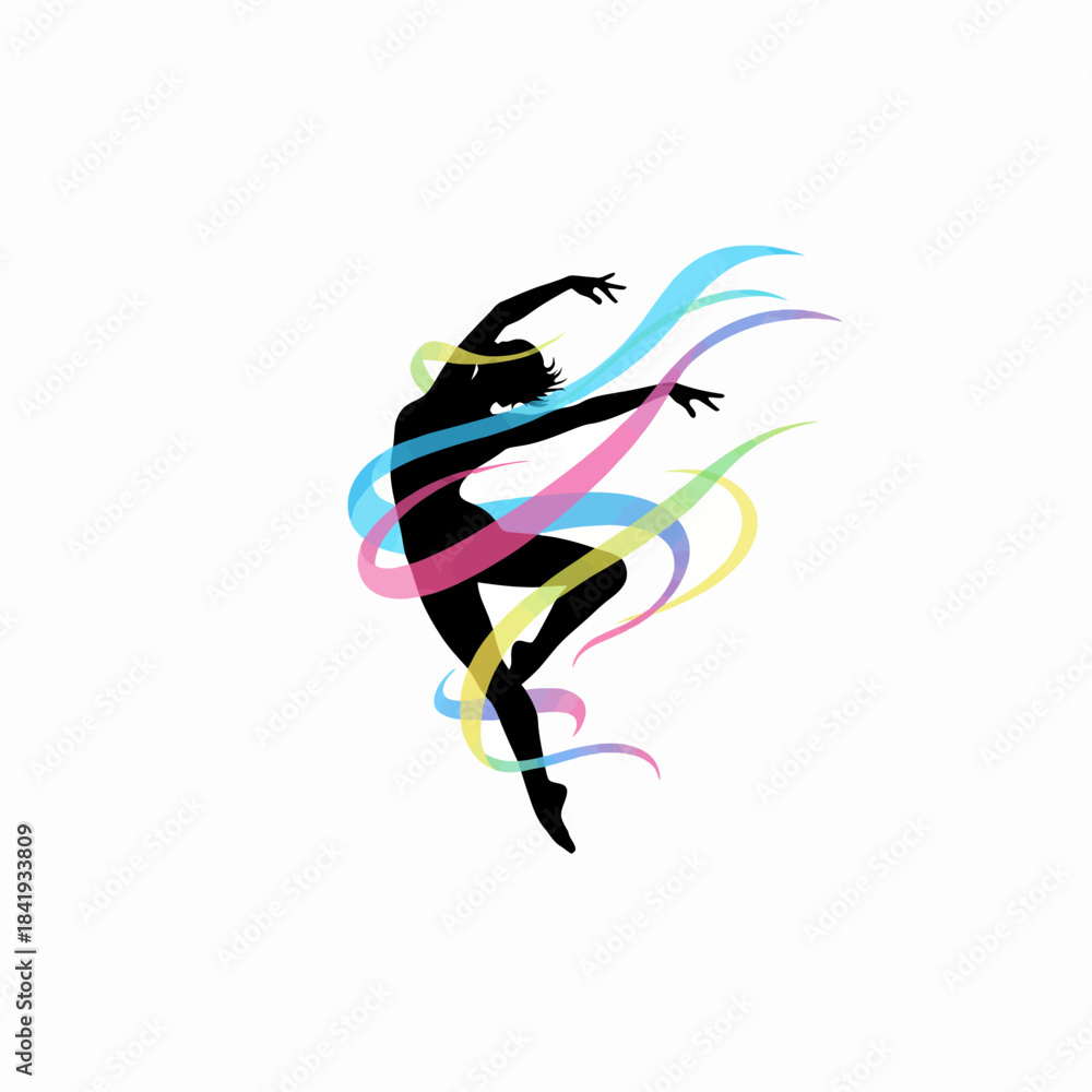 Obraz premium Black silhouette of a dancer surrounded by colorful flowing ribbons against white