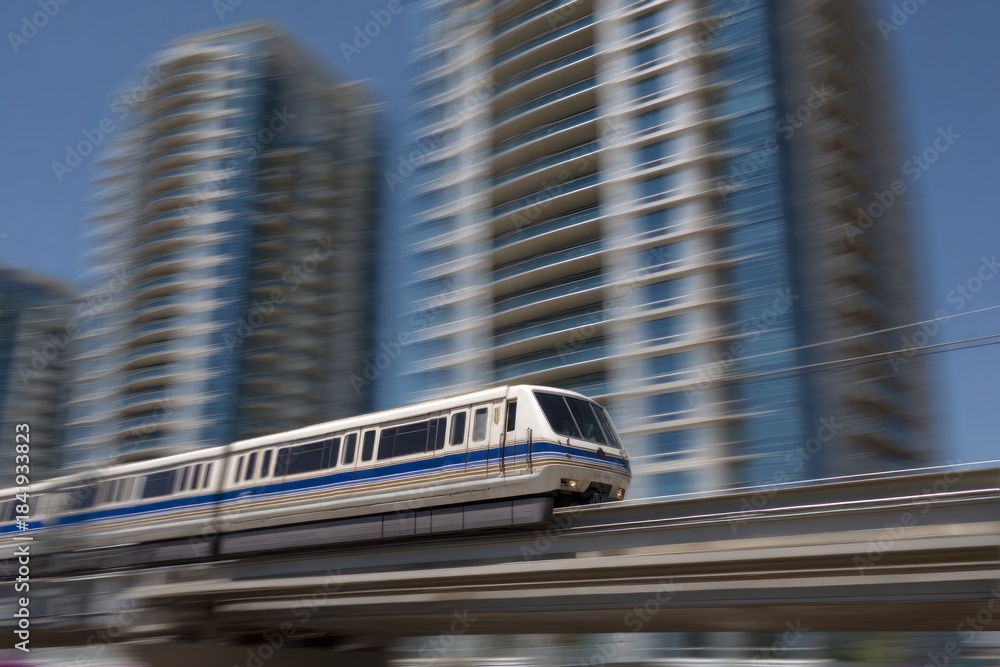 Naklejka premium Train moves rapidly past blurred modern buildings against a clear blue sky.