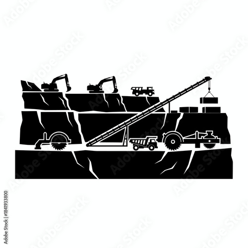 Black silhouette of an openpit mine with excavators haul trucks conveyors and cutting machinery