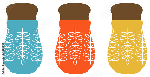 A set of colorful spice food jars