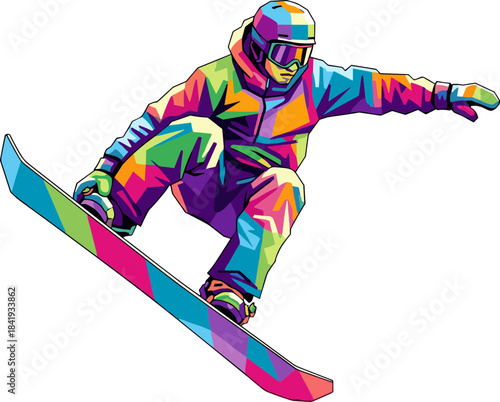 Snowboarder jumping in a dynamic multicolored geometric pop art style for extreme winter sports blogs, freestyle event posters, and apparel design