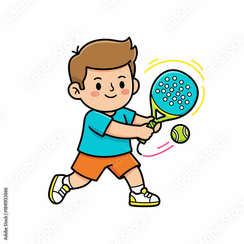 Cartoon boy playing padel with a racket and ball