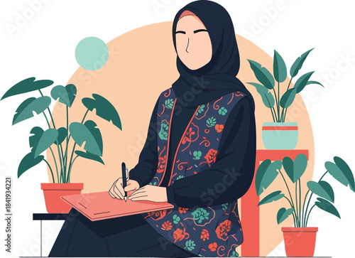 young woman smiling while holding a potted plant at home