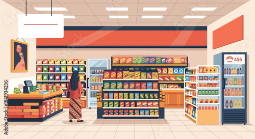 Shopping Expedition at the Supermarket: An inviting supermarket interior, filled with neatly arranged shelves of products. A customer explores the aisles.