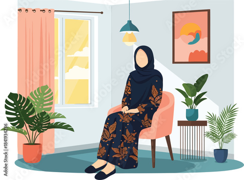 Serene Contemplation: In a warmly lit room, a woman finds solace. The sunlight streams in, illuminating the scene and creating a peaceful atmosphere. A moment of quiet reflection.