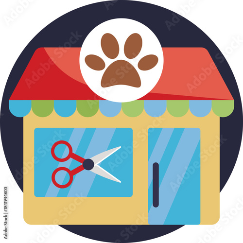Pet grooming salon building with a paw sign indicating grooming services.