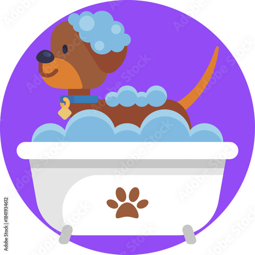A pet enjoying a bath, often in a tub with water and bubbles.