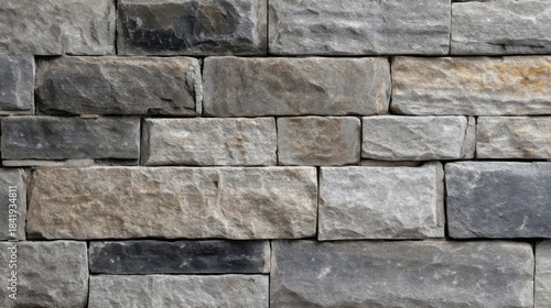 Close up view of grey brown and black rectangular block stones stacked in a brick pattern creating a textured surface.