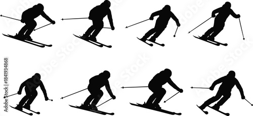 Human skeleton silhouette vector set, collection of dancing, standing, and lying down bony figures, anatomy, medical, or spooky halloween decoration design.