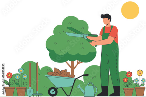 Male gardener in green overalls carefully trimming a tree.