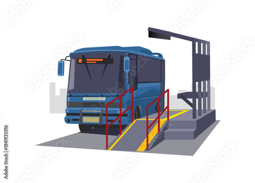 Bus stops at a bus stop. Simple flat illustration in perspective view.
