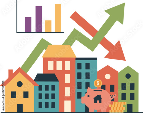 Real Estate Market Trends with Houses and Financial Graphs.