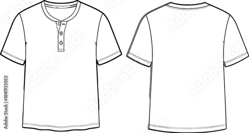 Men's short sleeve henley t-shirt technical fashion flat vector illustration CAD drawing template button placket crew neck cotton jersey apparel basic wear.