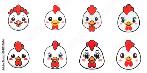 Multiple vector illustrations of cute chiken faces