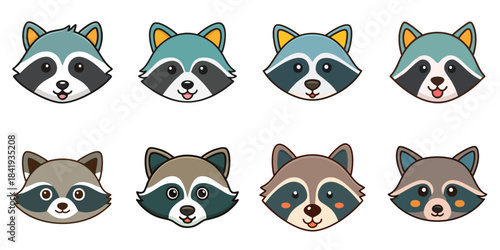 Multiple vector illustrations of cute raccorn faces