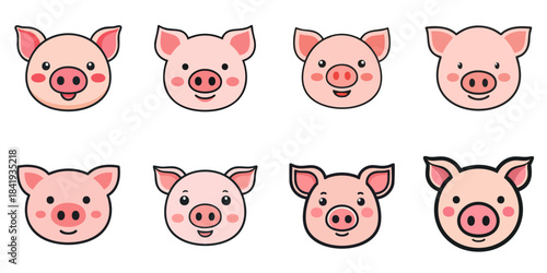 Multiple vector illustrations of cute pig faces
