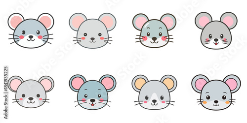 Multiple vector illustrations of cute mouse faces