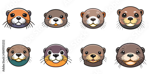 Multiple vector illustrations of cute sea otter faces