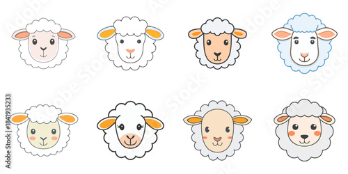 Multiple vector illustrations of cute sheeps faces