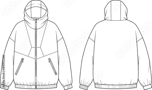 Oversized hooded windbreaker jacket technical fashion flat vector illustration CAD drawing contrast paneling zipper pockets elasticated cuffs and hem apparel.