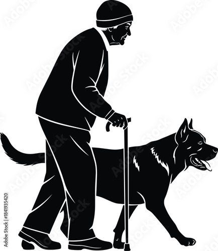 Senior Man Walking with a Cane and a Large Companion Dog, Representing Elderly Care, Pet Companionship, Service Animals, and Assisted Mobility, Vector Illustration.