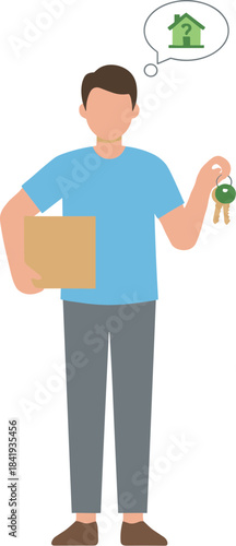 Illustration of a man holding a box and keys thinking about his new house.