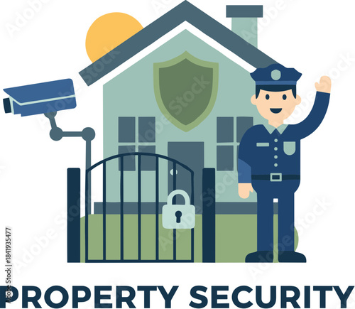 Property security concept with a guard surveillance camera and gated house illustration.