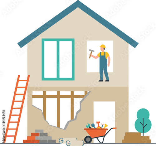 Flat vector illustration of a house under renovation with a construction worker.