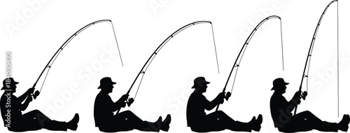 Sequence of Four Fishermen Silhouettes Sitting and Casting Fishing Rods, Representing Leisure, Sport Fishing, Outdoor Hobby, Relaxation, and Nature Activity, Vector Illustration.