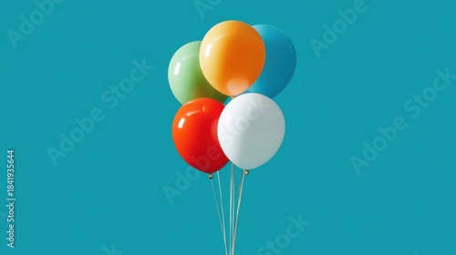A vibrant cluster of six glossy balloons tied together features orange, light greenish blue, red, white, pale yellow,