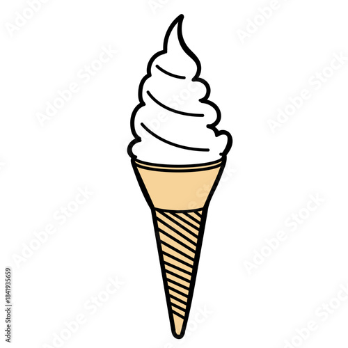なめらかな質感のソフトクリームをコーンに乗せて優しいタッチで描いたイラスト｜夏らしさや甘いデザートの雰囲気をシンプルな造形と色使いで表現したスイーツデザイン