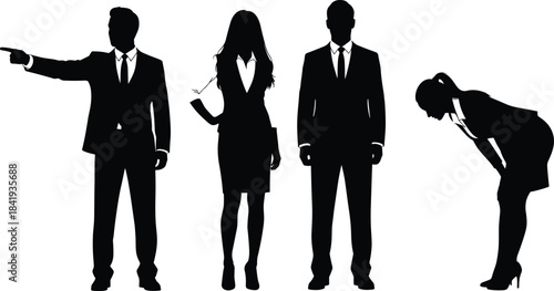 Set of four black silhouettes of diverse business professionals in suits, featuring a man pointing, a woman standing, a man bowing, and another standing, illustrating corporate gestures and commands