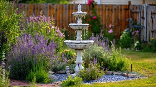 Tiered stone water feature operates surrounded by lush green foliage and vibrant purple blossoms