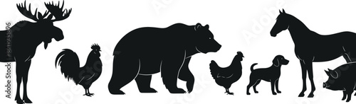 Set of various animal silhouettes in a horizontal line, including moose, rooster, bear, chicken, small dog, horse, and pig, black vector illustration for farm, wild, and domestic animal themes.