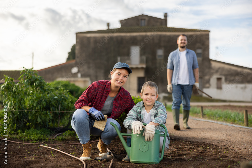 Fototapeta premium Family of farmers plant seeds in the garden. Growing organic vegetables on the farm